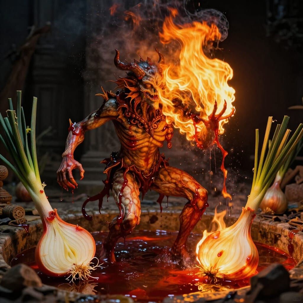 Hybrid Onion Fire Monster Spewing Blood and Lava