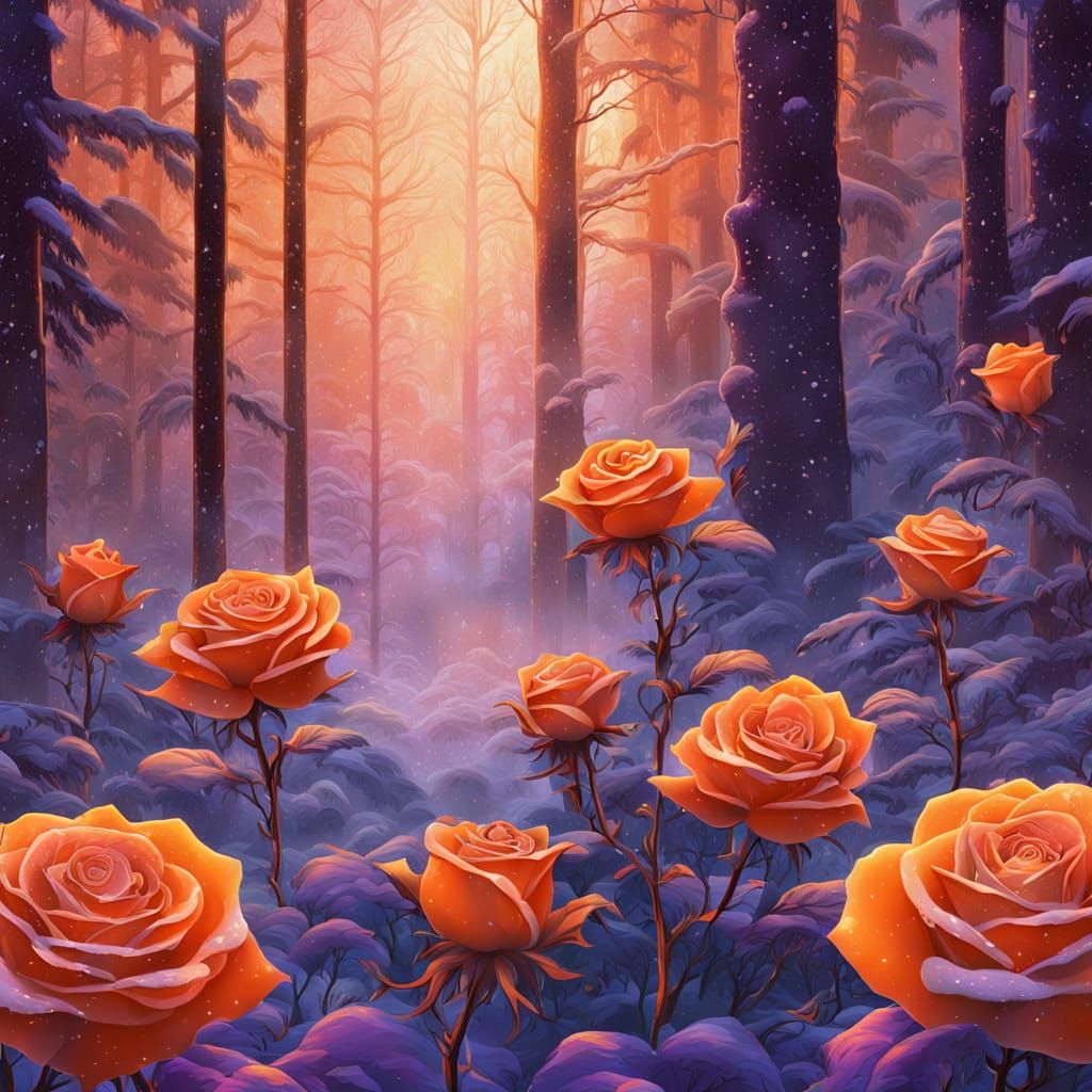 Surreal Orange Roses in Snowy Forest