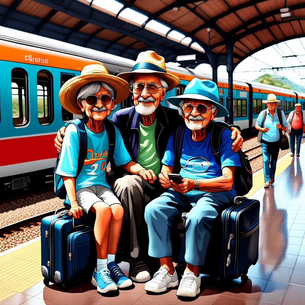 Hyperrealistic Train Station Scene with Grandparents and Gra...
