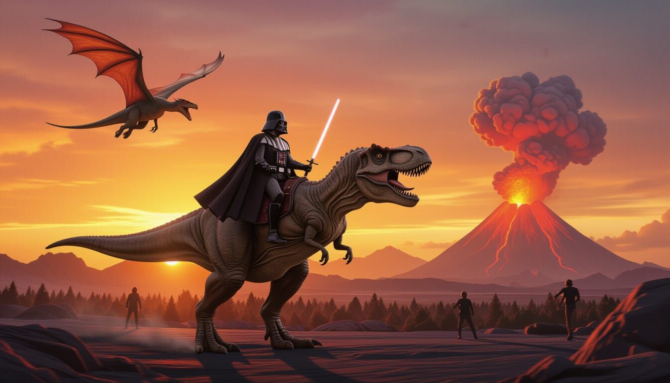 Darth Vader Rides a T-Rex in a Volcanic Landscape