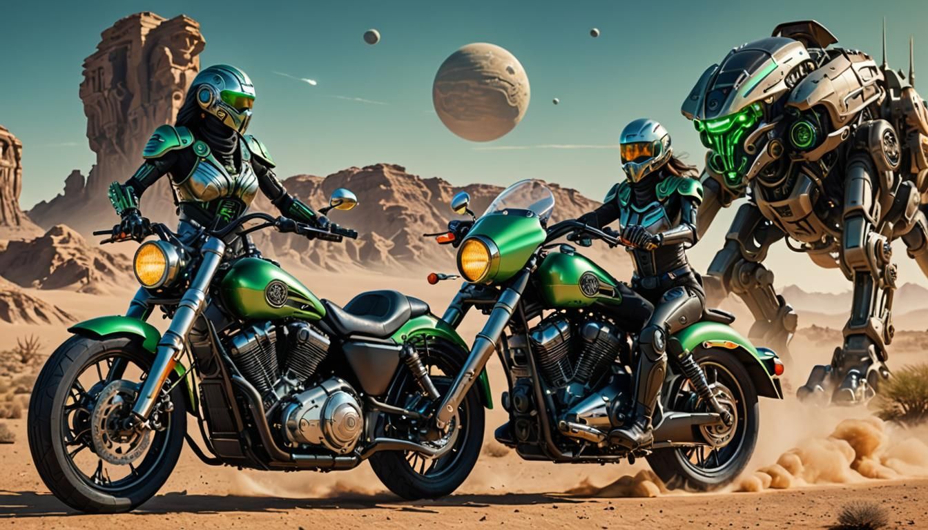 A classic Harley Davidson motorcycle with futuristic modific...