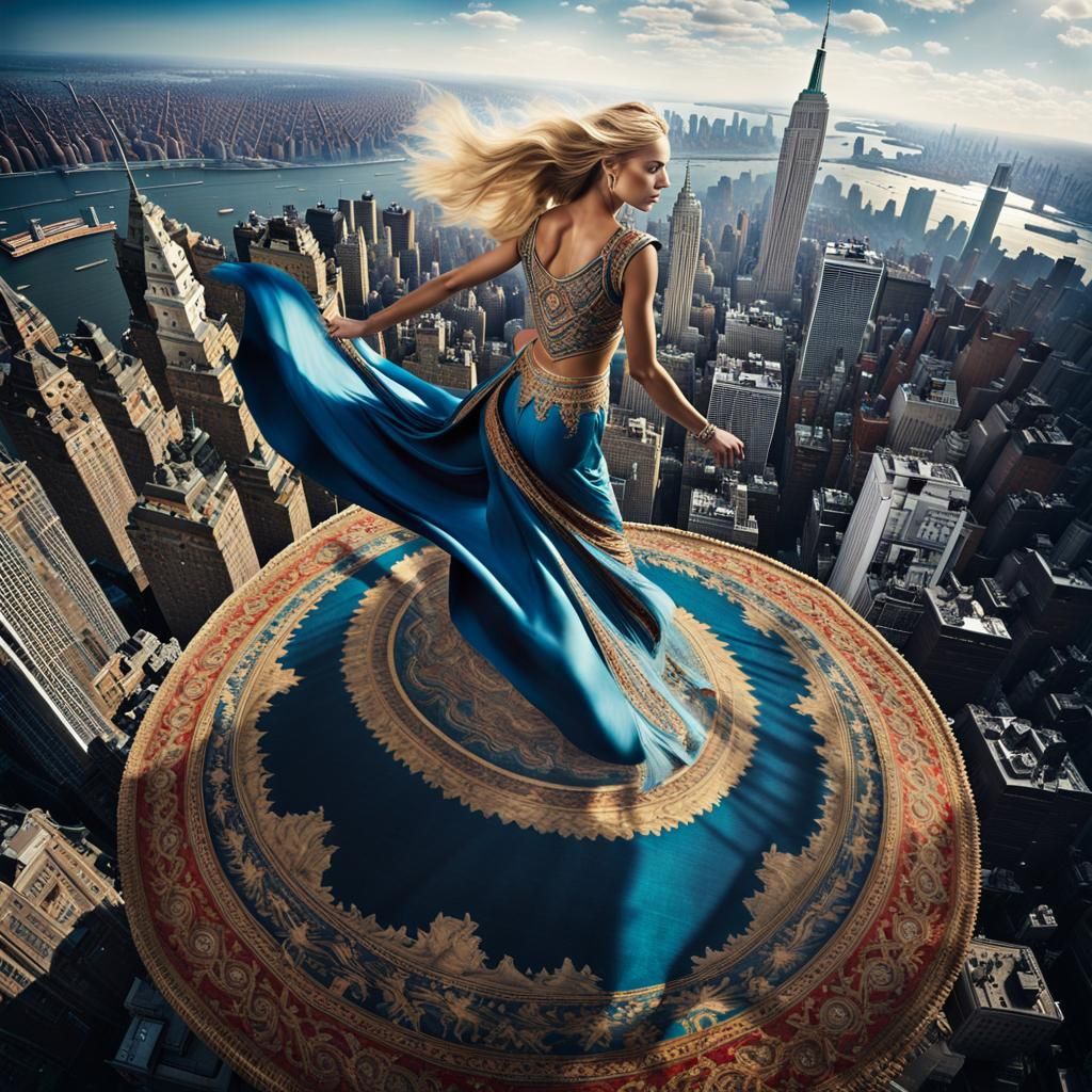 Woman Dances on Flying Carpet Above New York