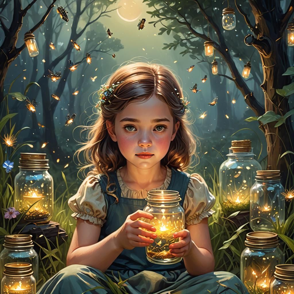 Charming Girl with Fireflies in Magical Forest