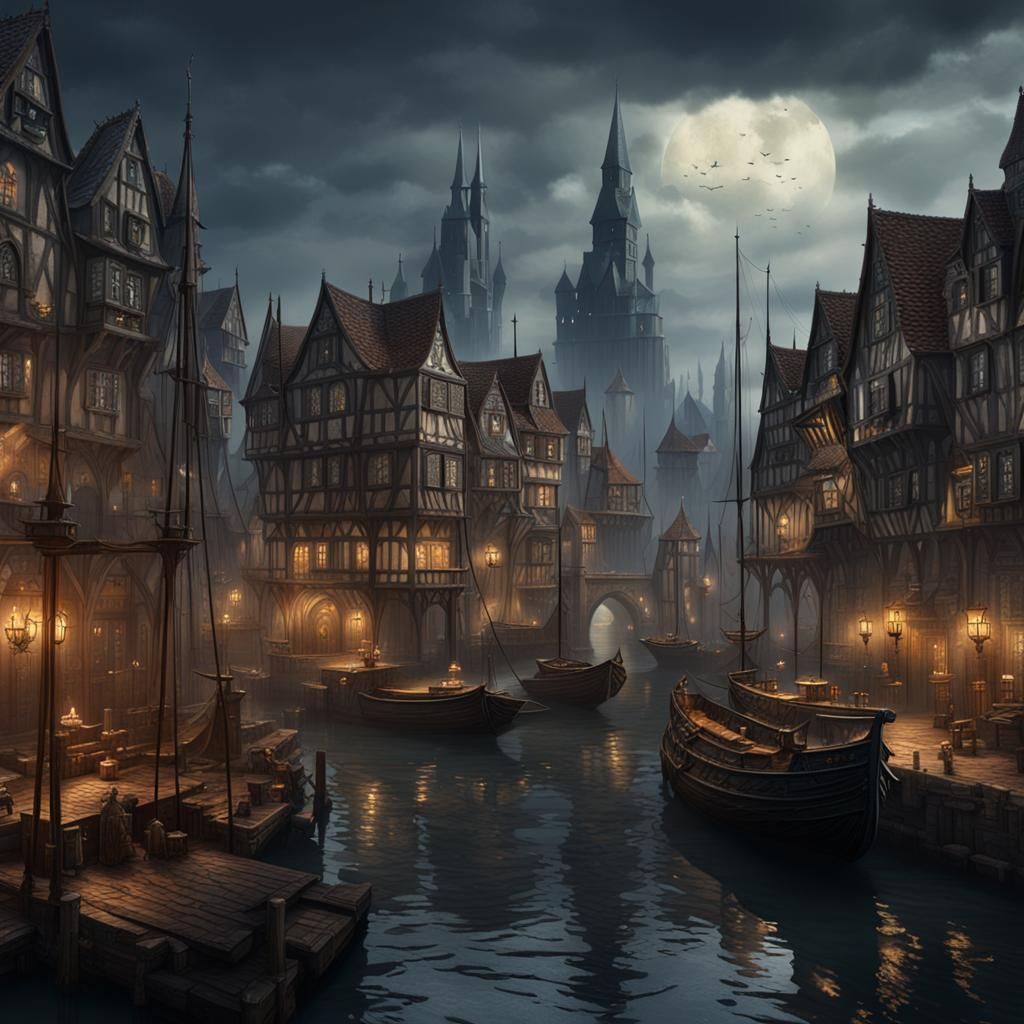 Dark Fantasy Medieval Port City, German Style
