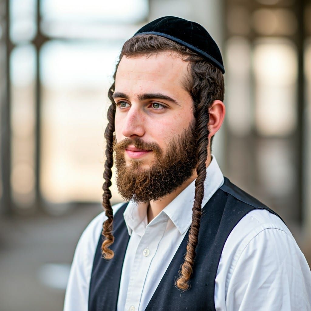 Young Chassidic Man in Traditional Attire Against Vibrant Co...