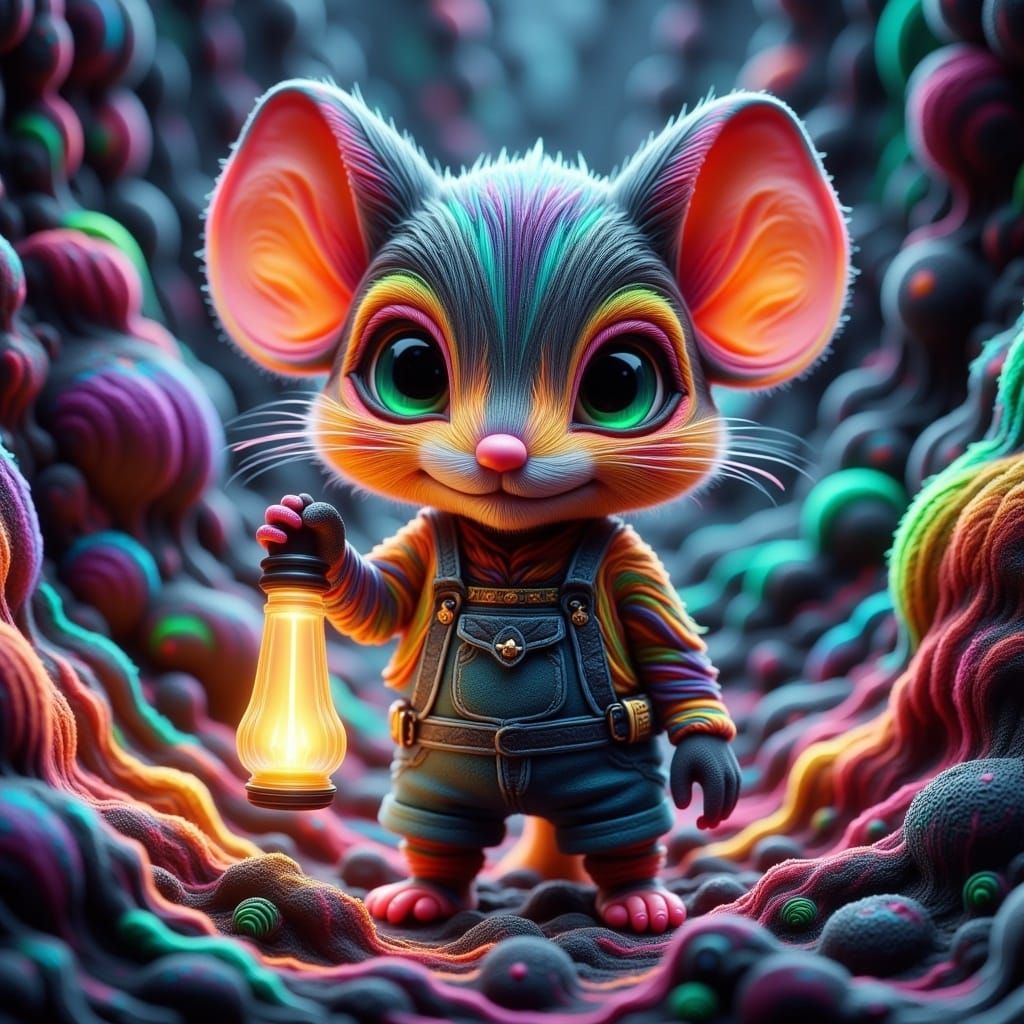 Whimsical Chibi Mouse Hybrid in Vibrant Bismuth Fractals