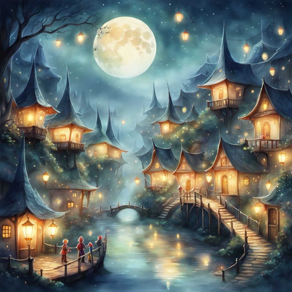 Enchanting Elf Village at Night in Watercolor Style
