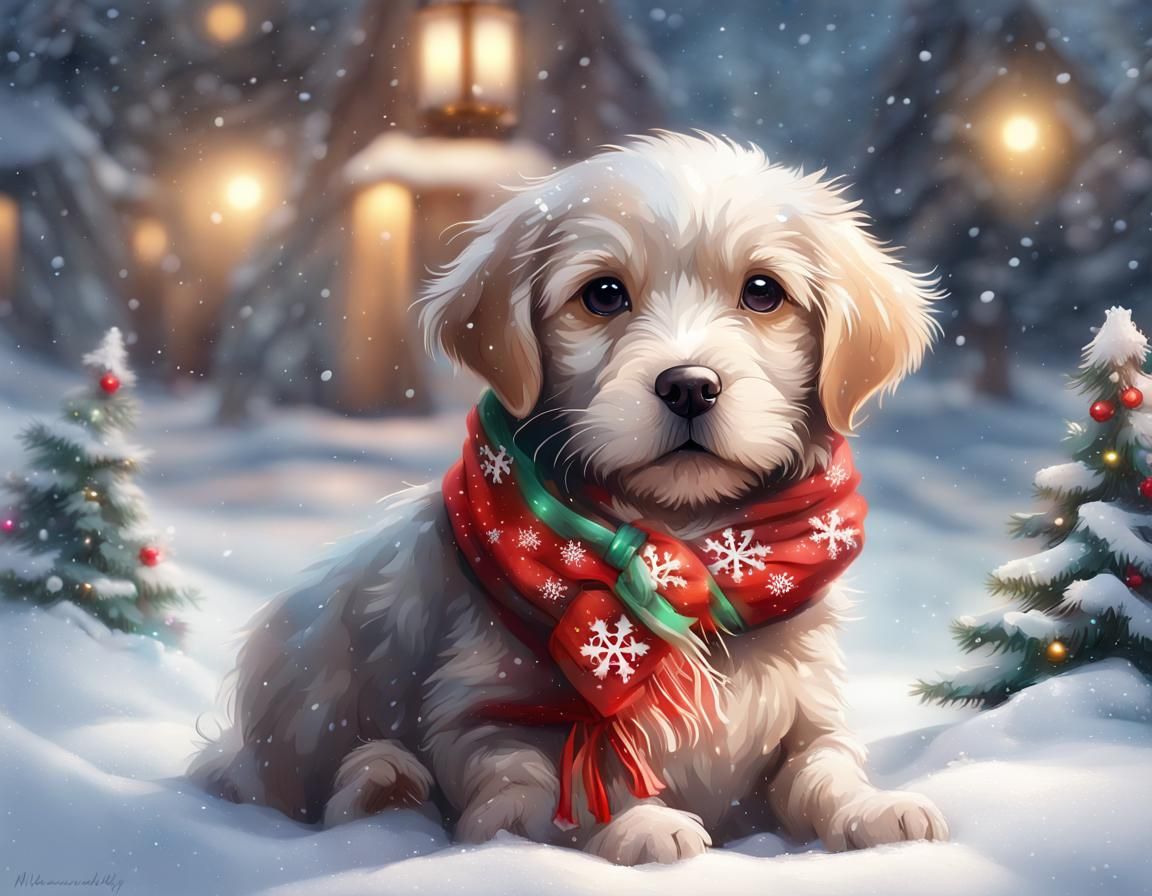 Festive Puppy with Christmas Gift in Digital Painting