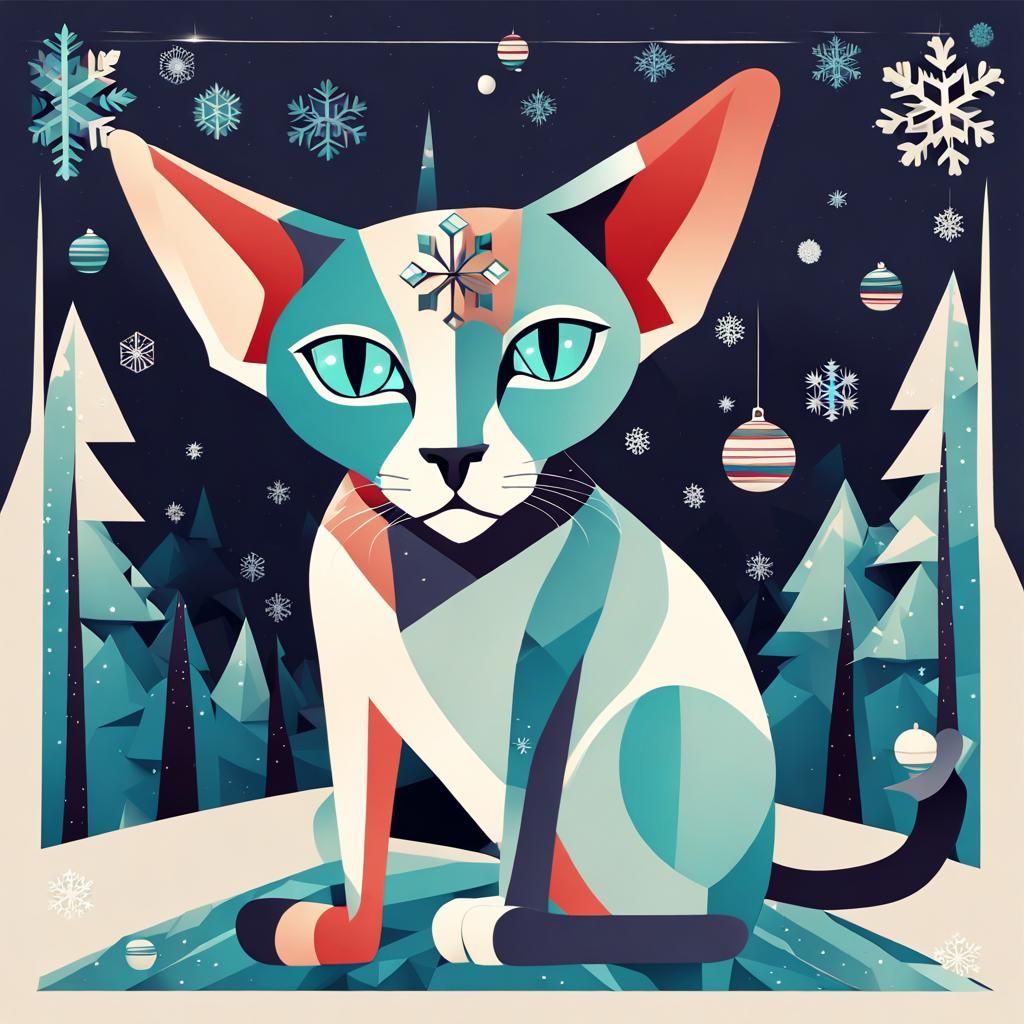 Festive Sphynx Cat in Graphic Digital Illustration Style