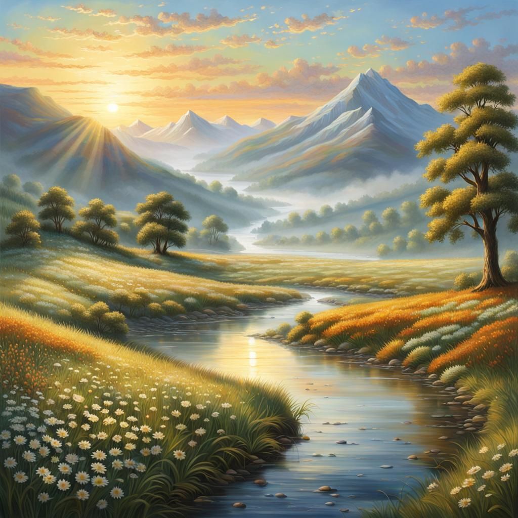 Serene Countryside Landscape at Dawn in Realism Art