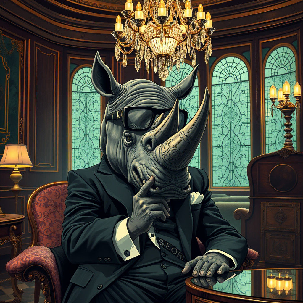 Rhinoceros Man Crying in Art Deco Apartment