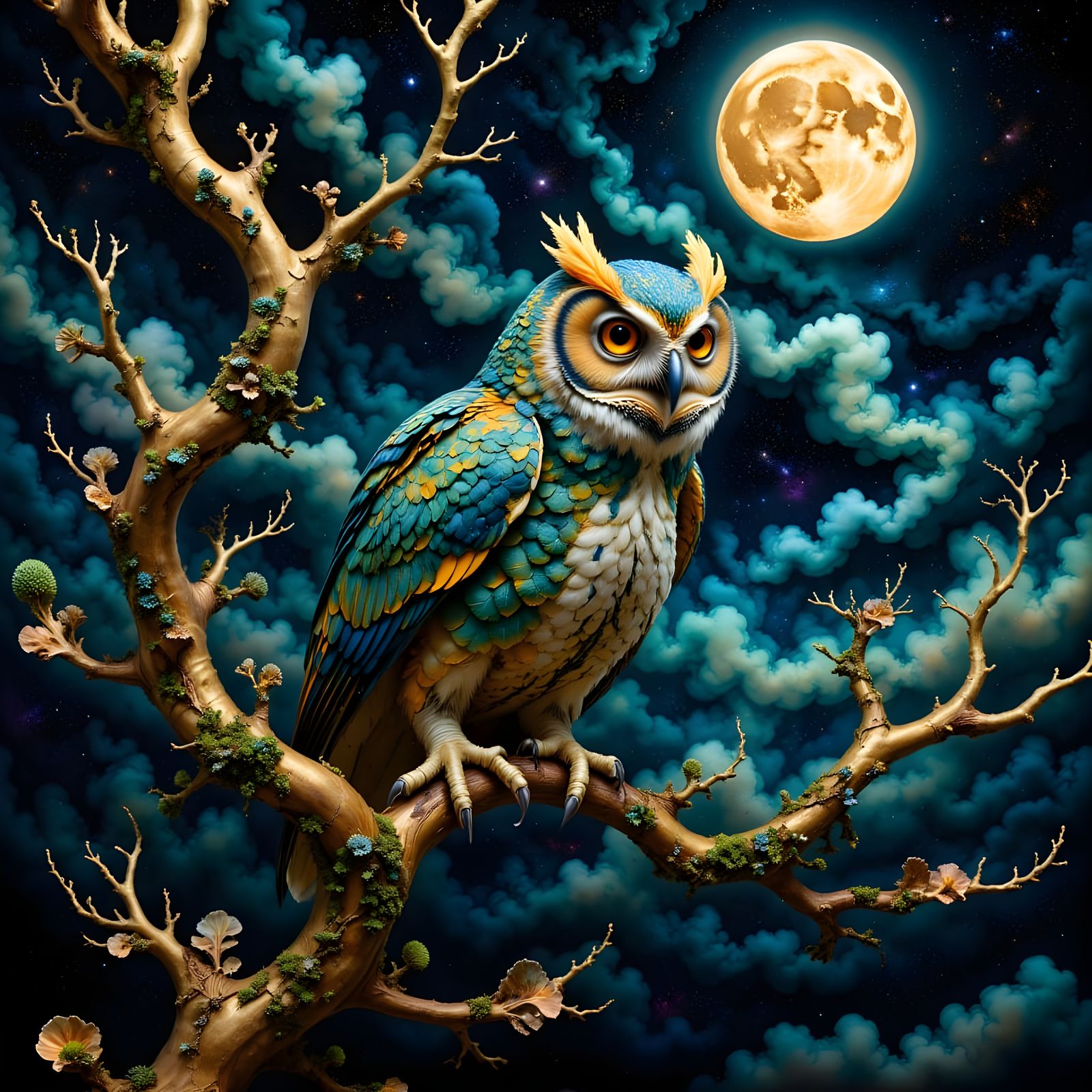 Ethereal Owl Perched in Ancient Tree under Dark Night Sky