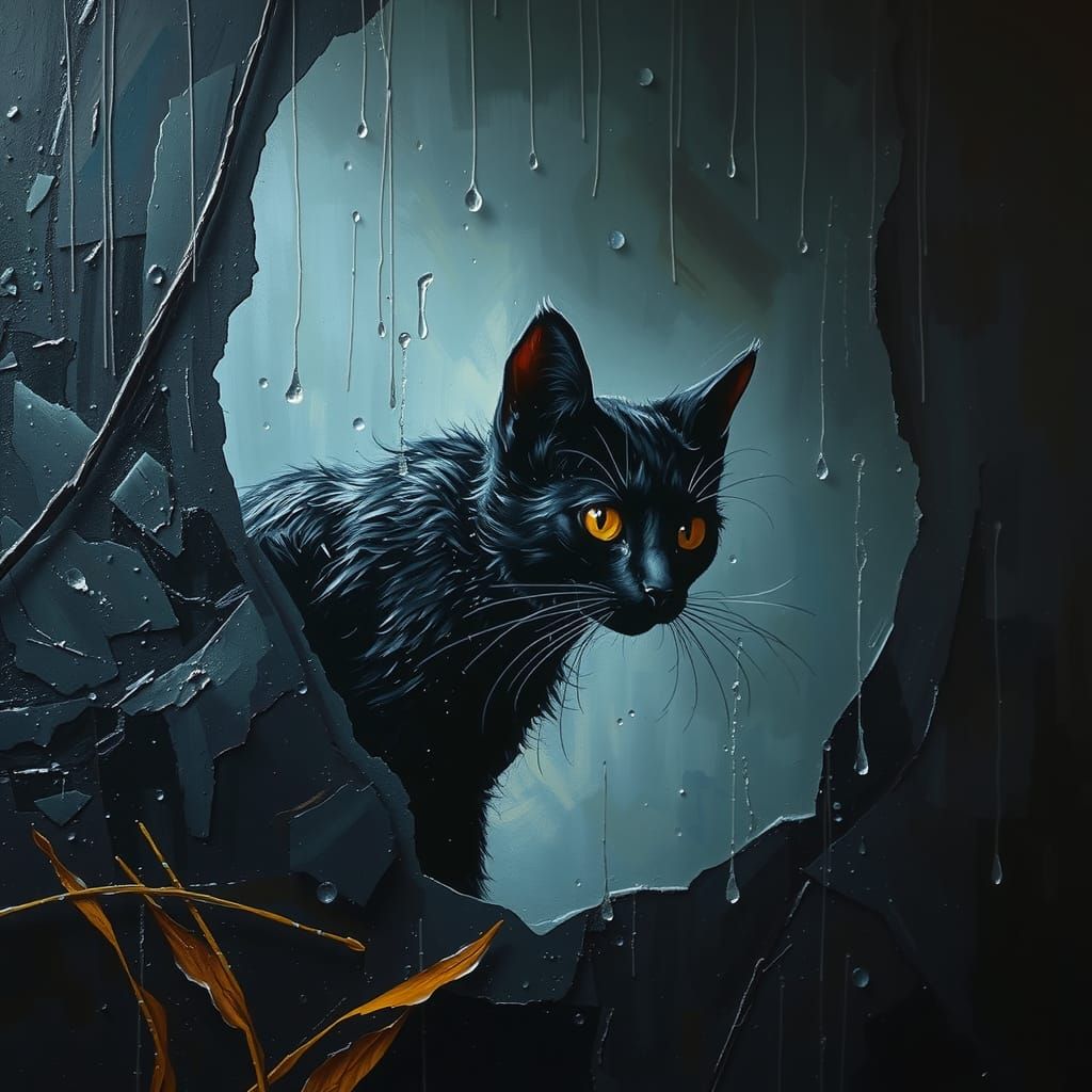 Black Cat in Impasto Oil Painting Style