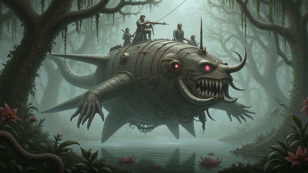 Dreamlike Zeppelin Floating Over Abstract Landscape