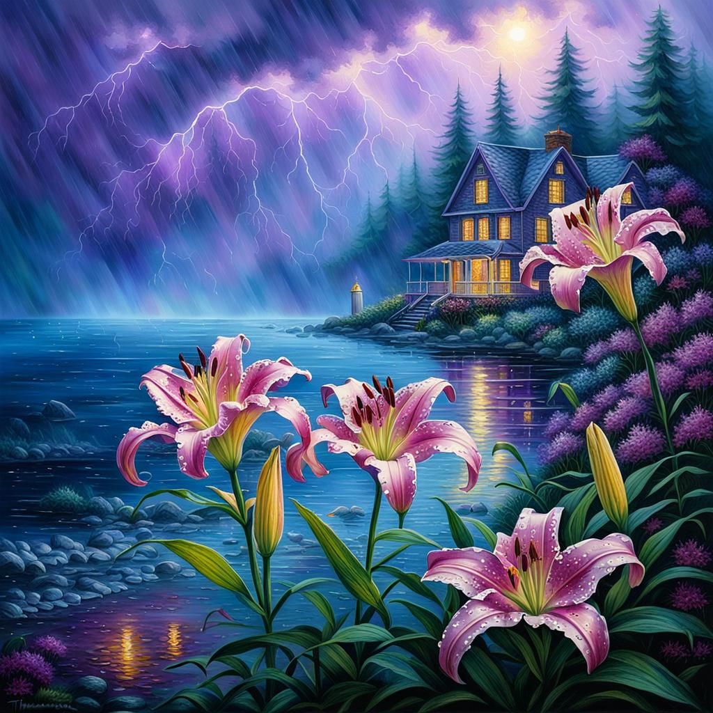 Asiatic Lily during a rain storm . Purple 💜🔵 vibrant. Scat...