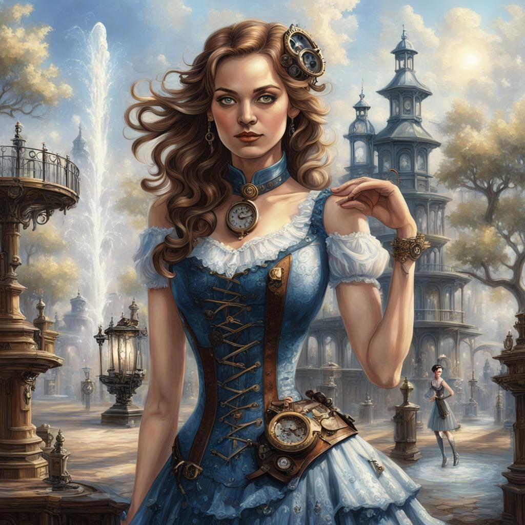 Steampunk Belle Epoque Woman in Sunlit Plaza
