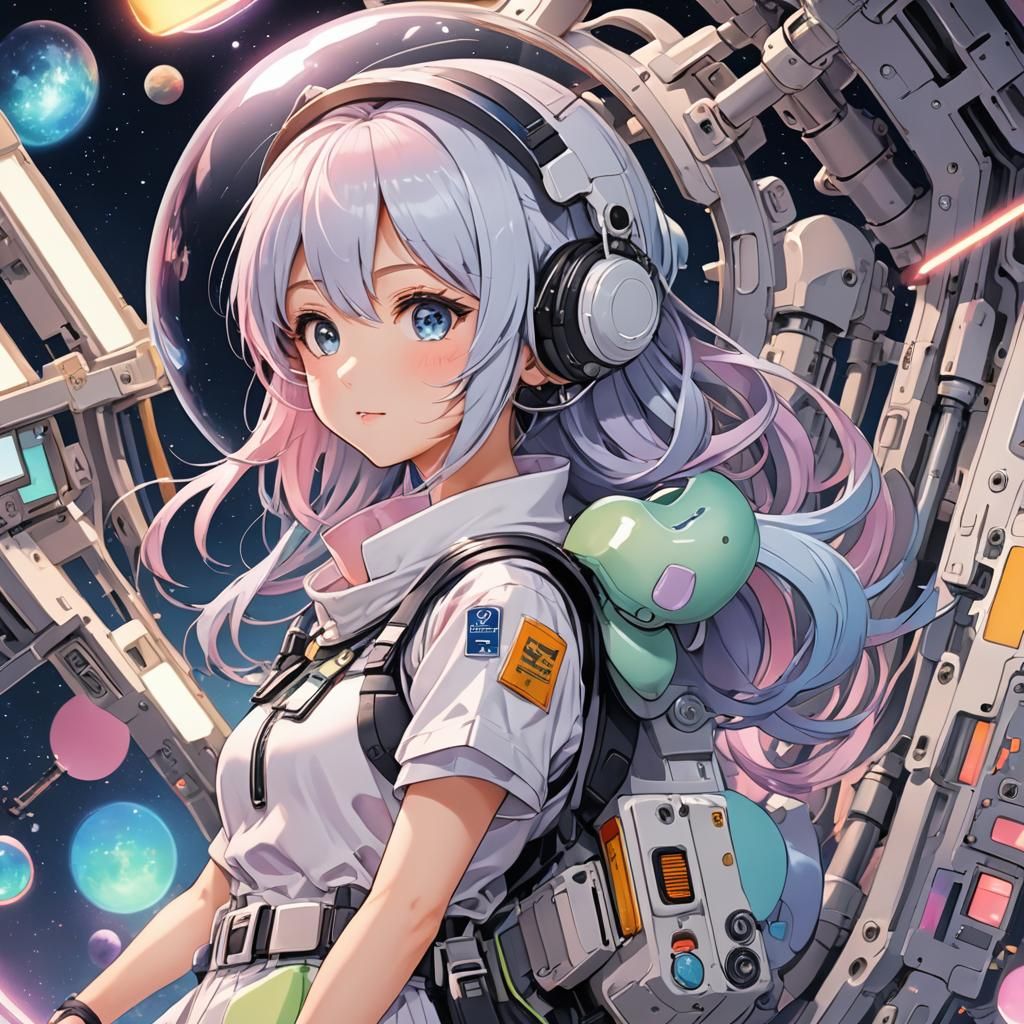 Astronaut Girl Floating in Spaceship: Anime Key Visual