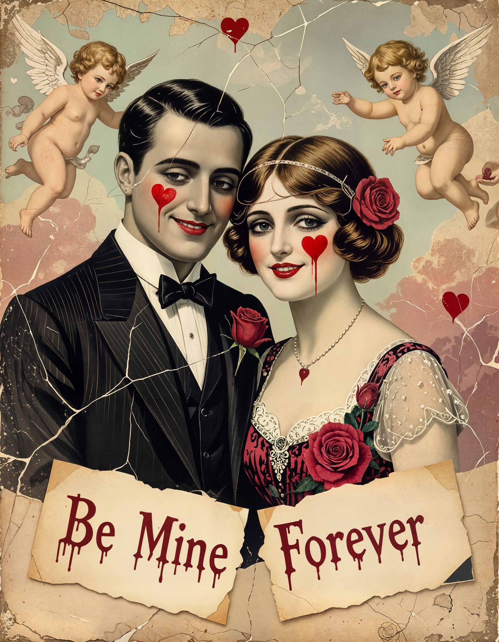 Haunting 1920s Valentine Postcard with Bleeding Hearts