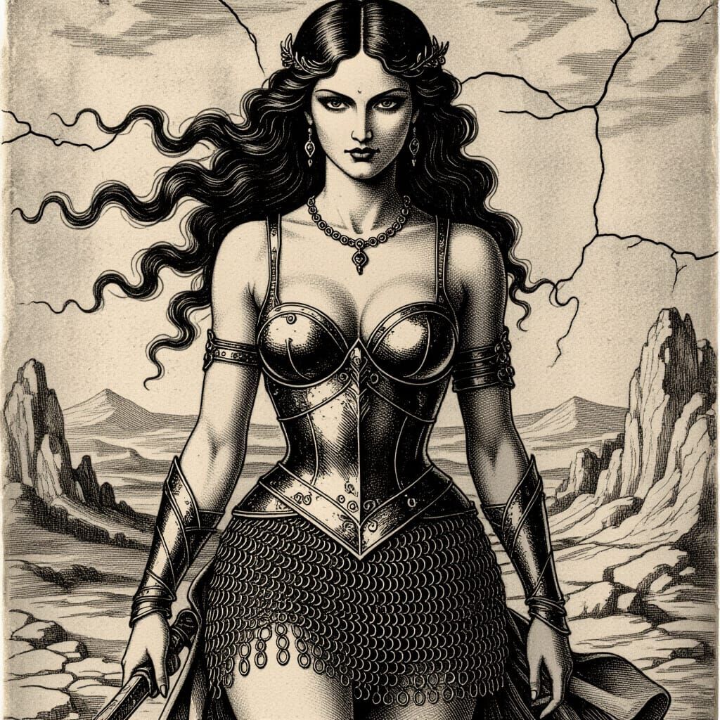 Ancient Engraving of Seductive Goddess in Chainmail