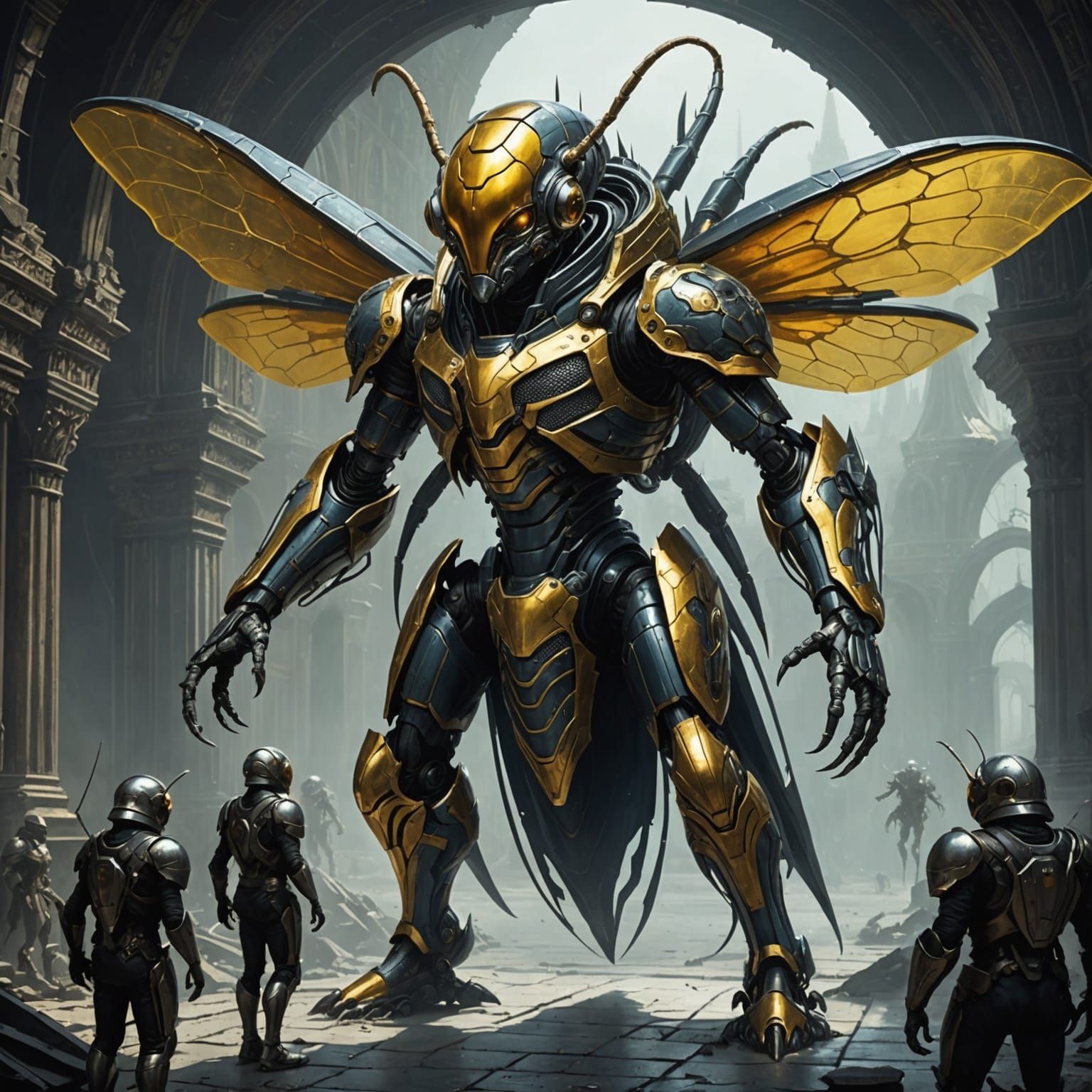 Armored Alien Wasp with Human: Gothic Horror Art