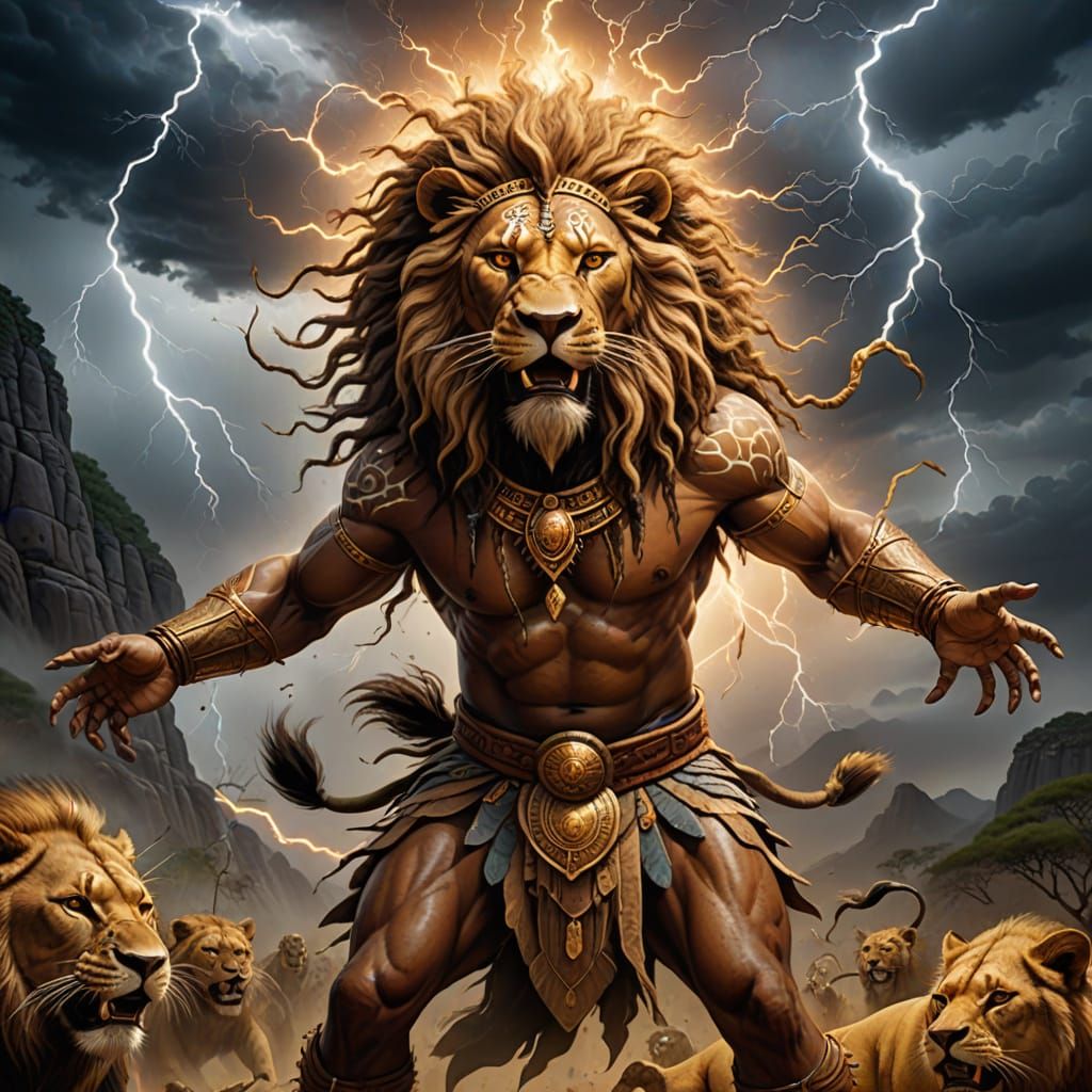 Surreal Khoisan Warrior Battles Lion in Trance, Surrounded b...