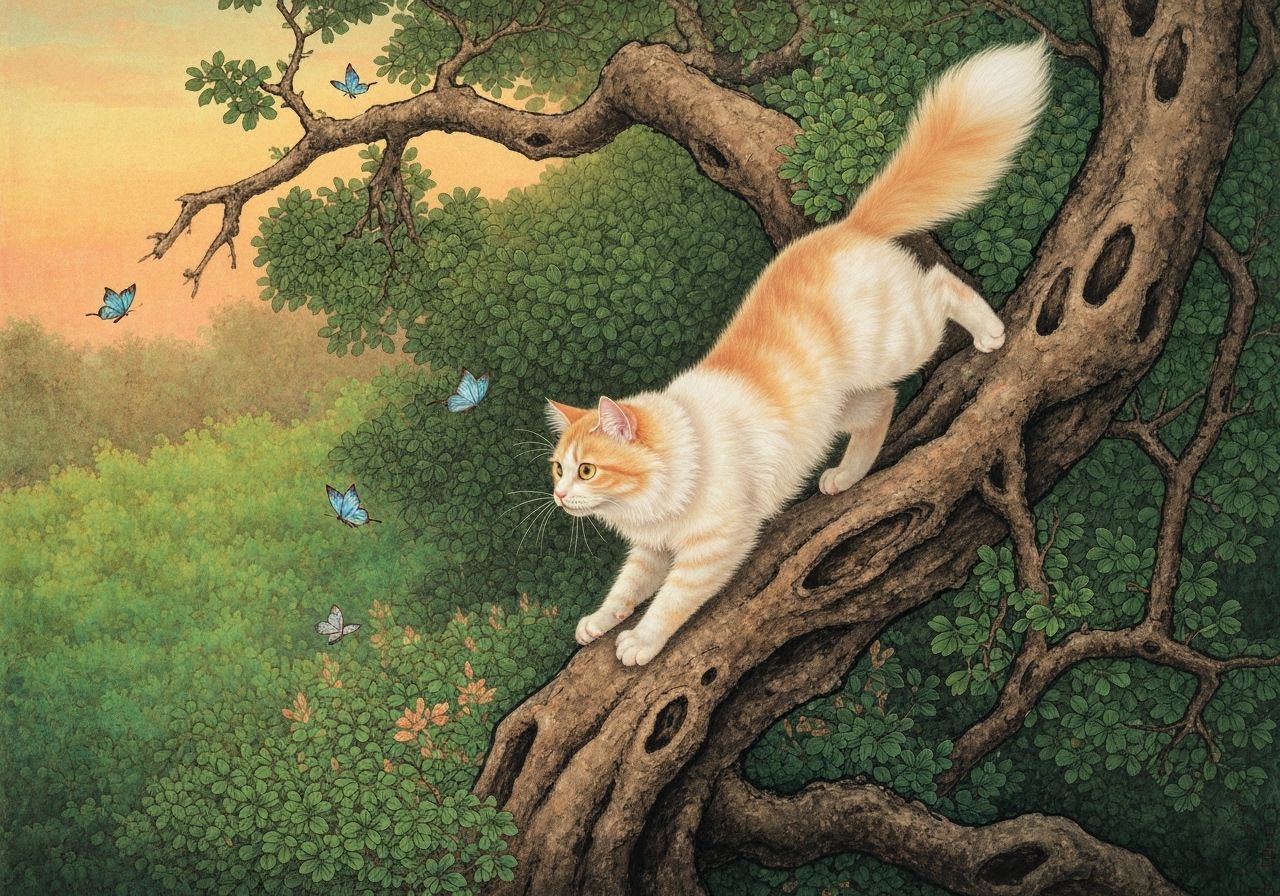 Ginger Cat Climbing Tree: Chinese Ink Painting