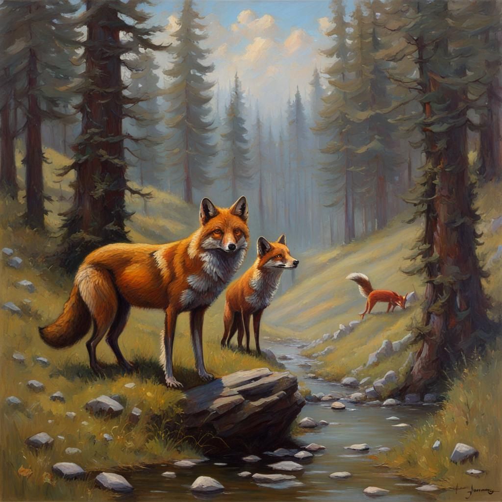 Harmonious Trio: Wolf, Fox, and Weasel Sing in Oil