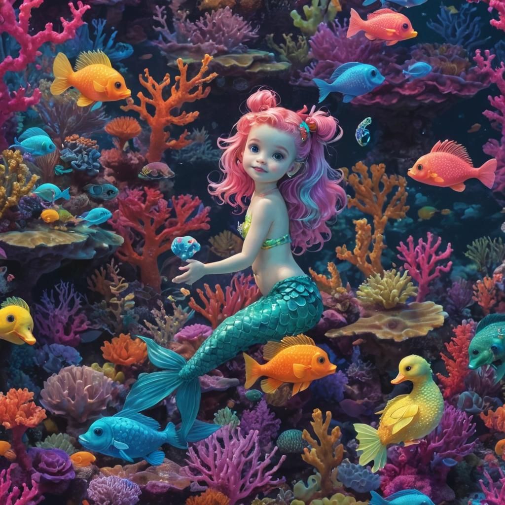 Mermaid and Chimeric Pet in Neon Reef