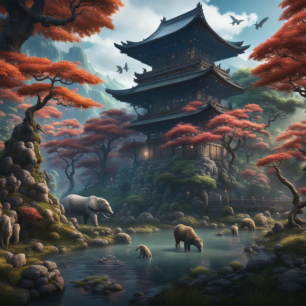 Lush Japanese Nature Scene with Diverse Animals