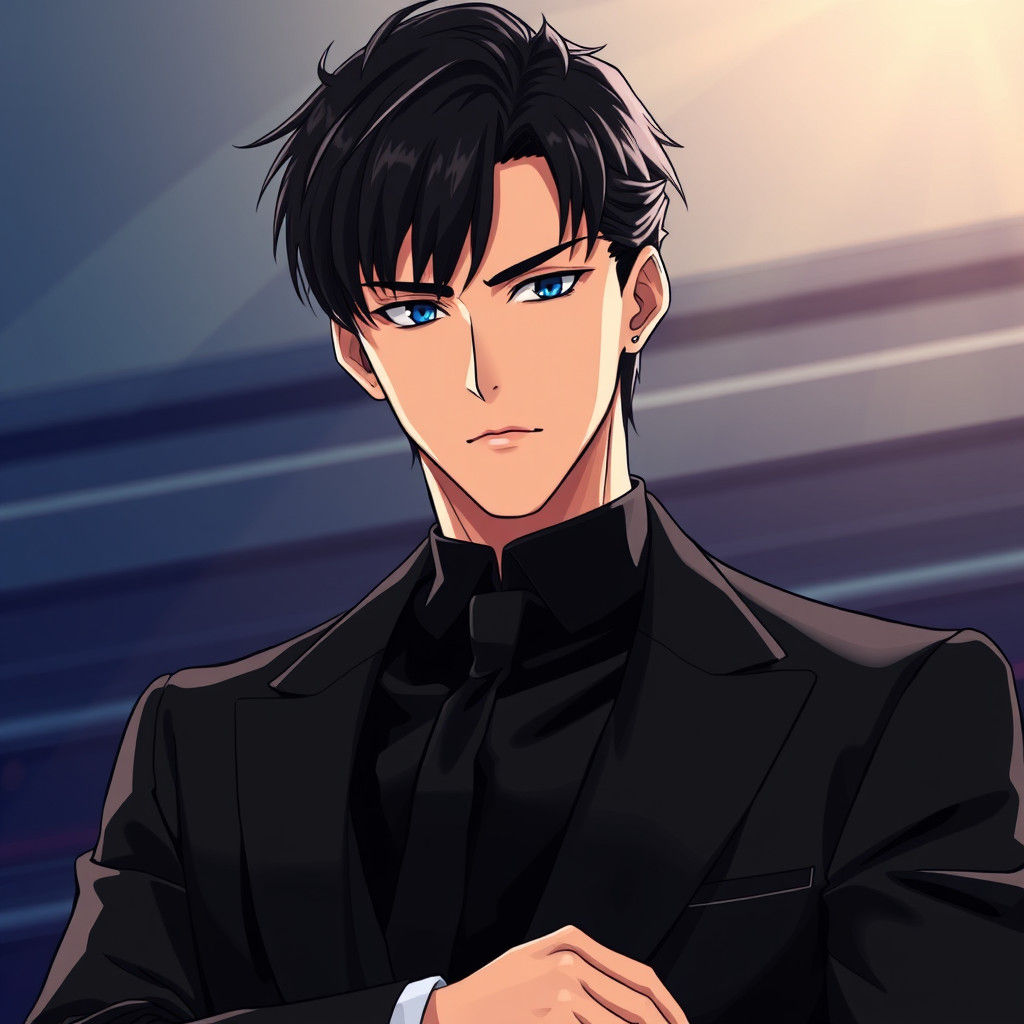 Handsome Anime Man in Black Suit, Cel-Shaded Style