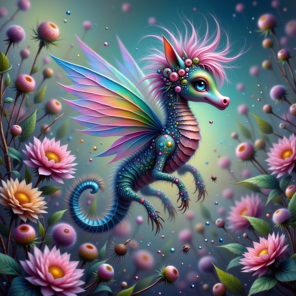 Whimsical Iridescent Seahorse in a Vibrant Floral Wonderland