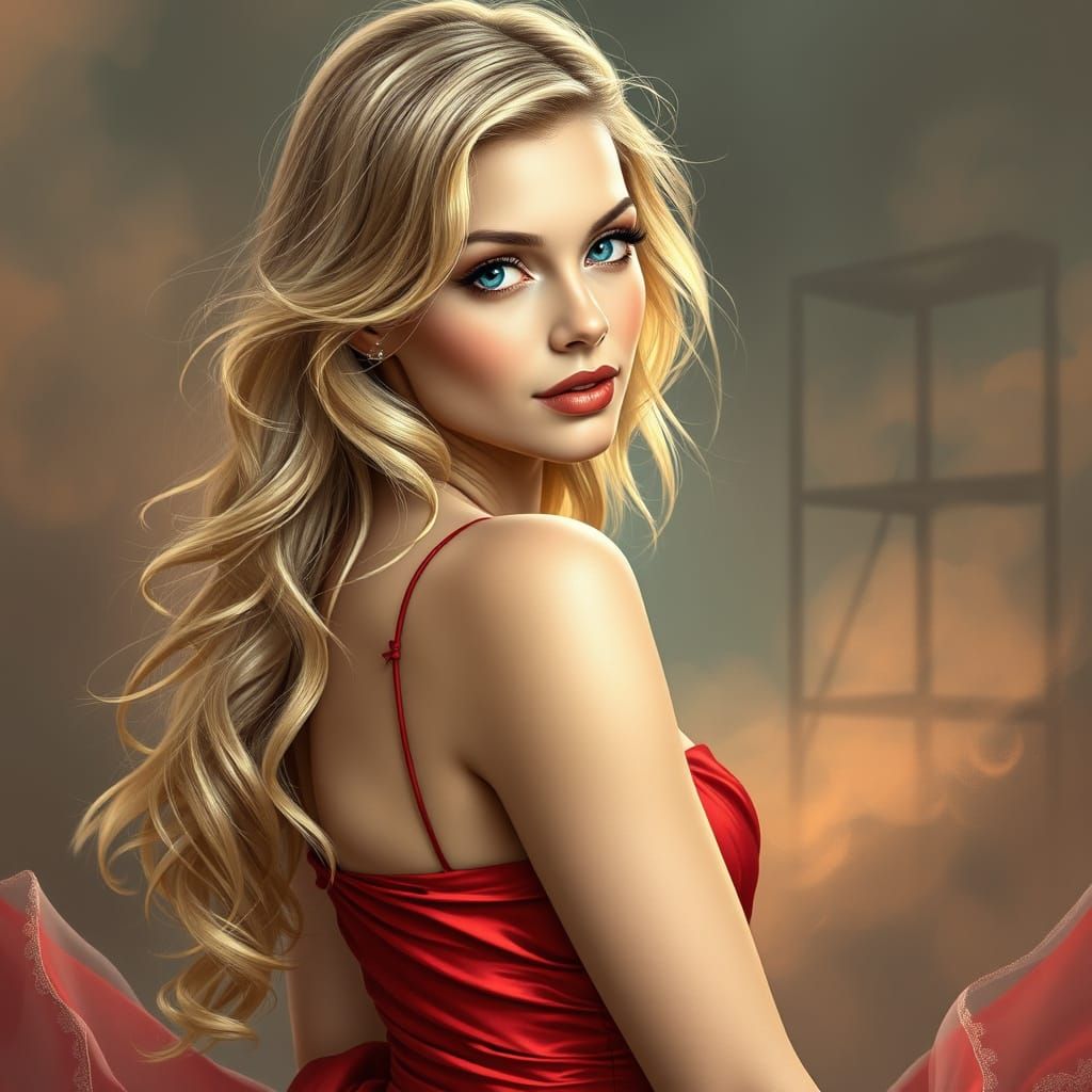 Sensual Blonde Goddess in Red Silk Gown