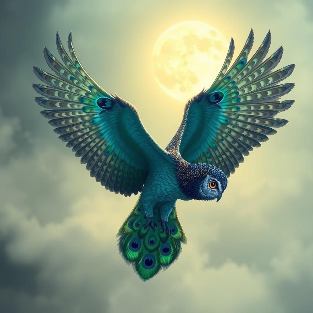 Majestic Owl-Peacock Hybrid Soaring in Moonlit Sky