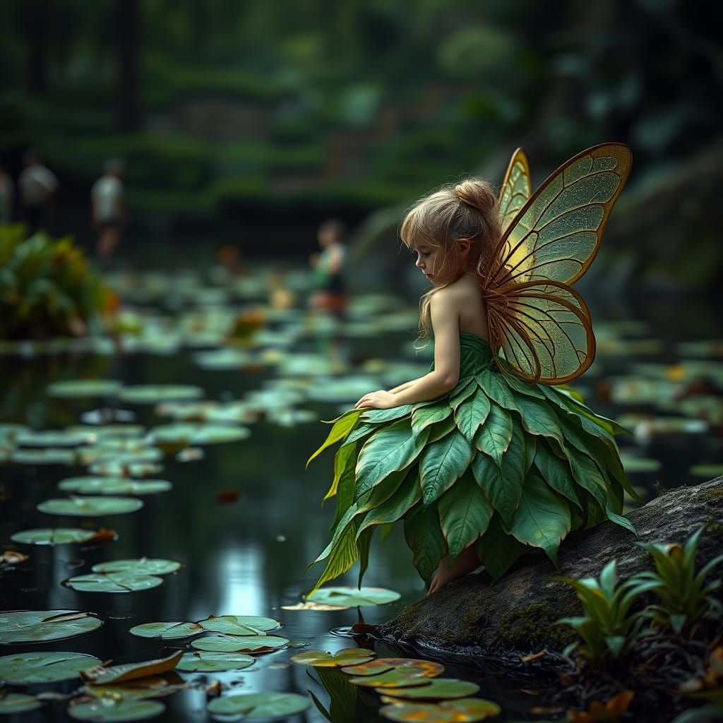 Fairy in a Leaf Dress Contemplates a Serene Pond in a Moody...