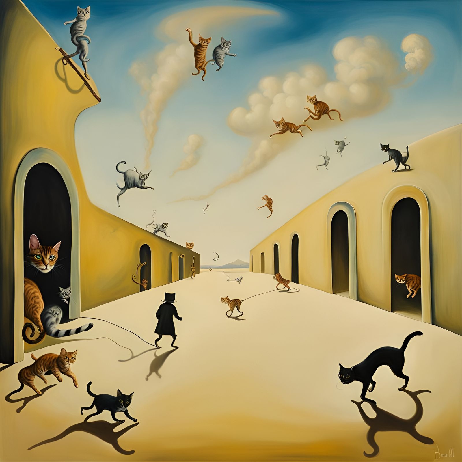 Surreal Cats Chase Tiny People: Dali-esque Oil Painting
