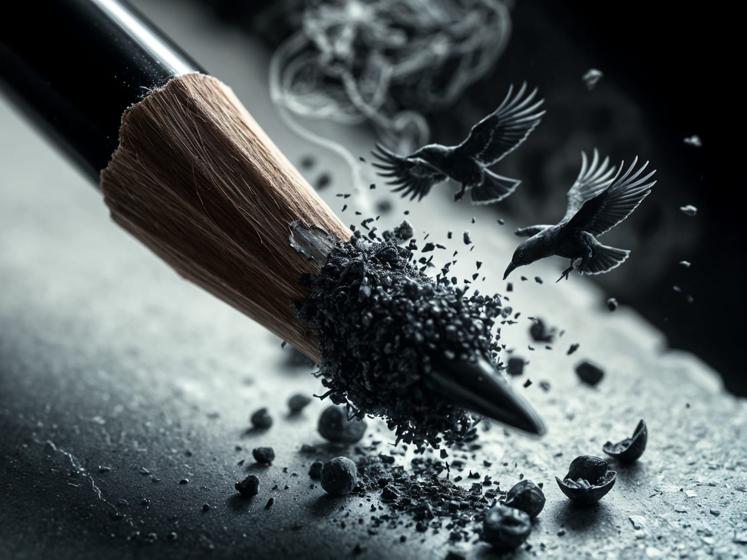 Charcoal Pencil Sharpening Transforms into Flying Crows