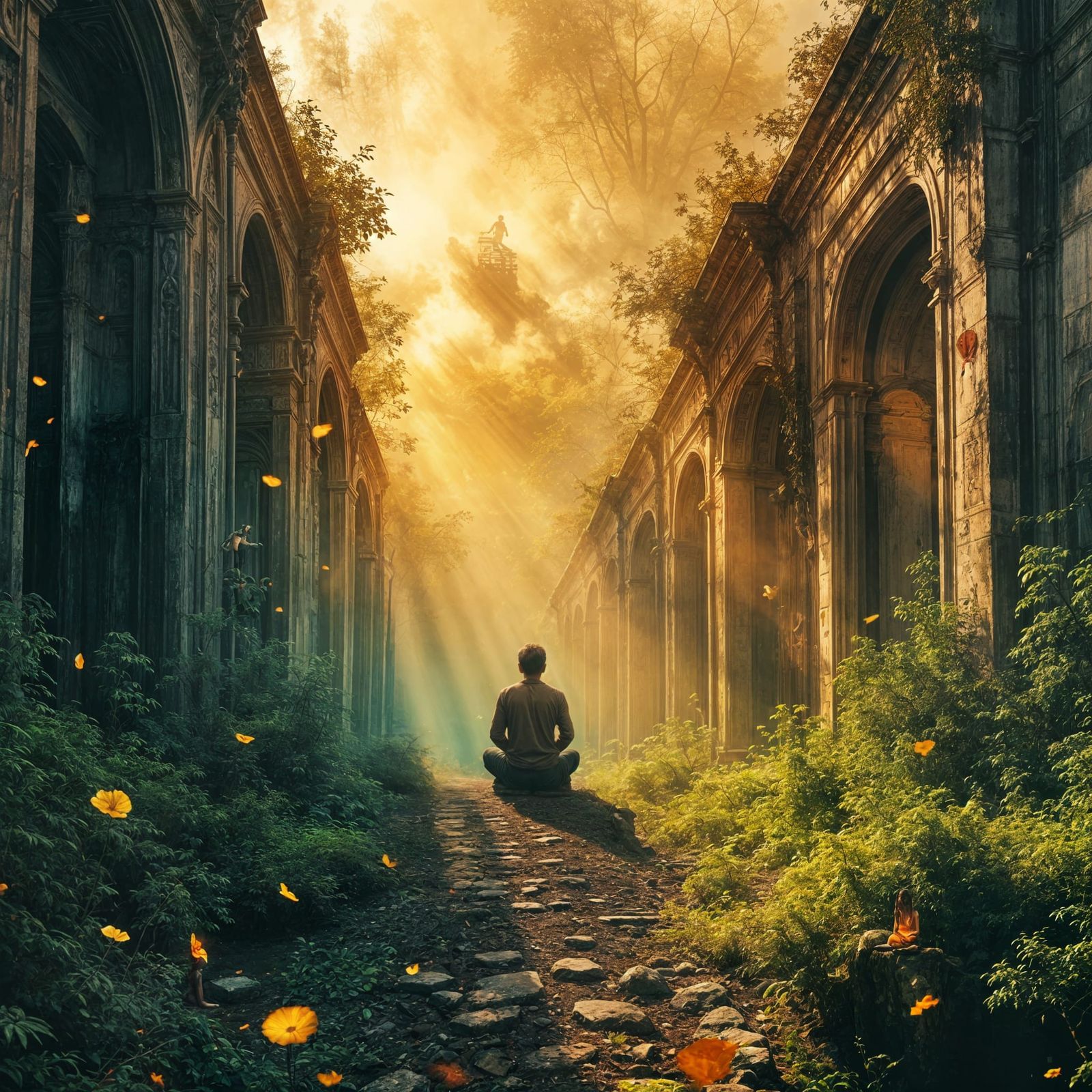 Yogi Meditating in Ruined City at Sunset