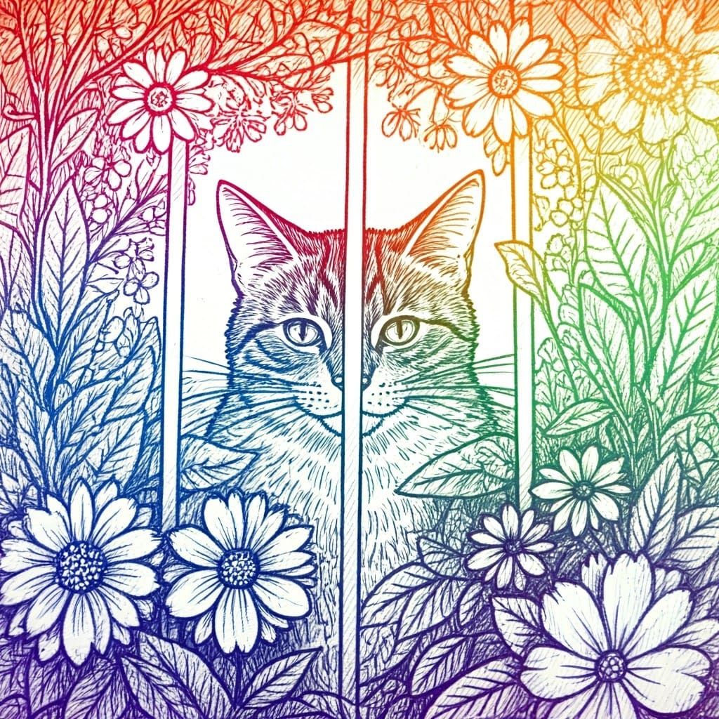 Rainbow Doodle Cat Behind Garden Fence in Pen and Ink