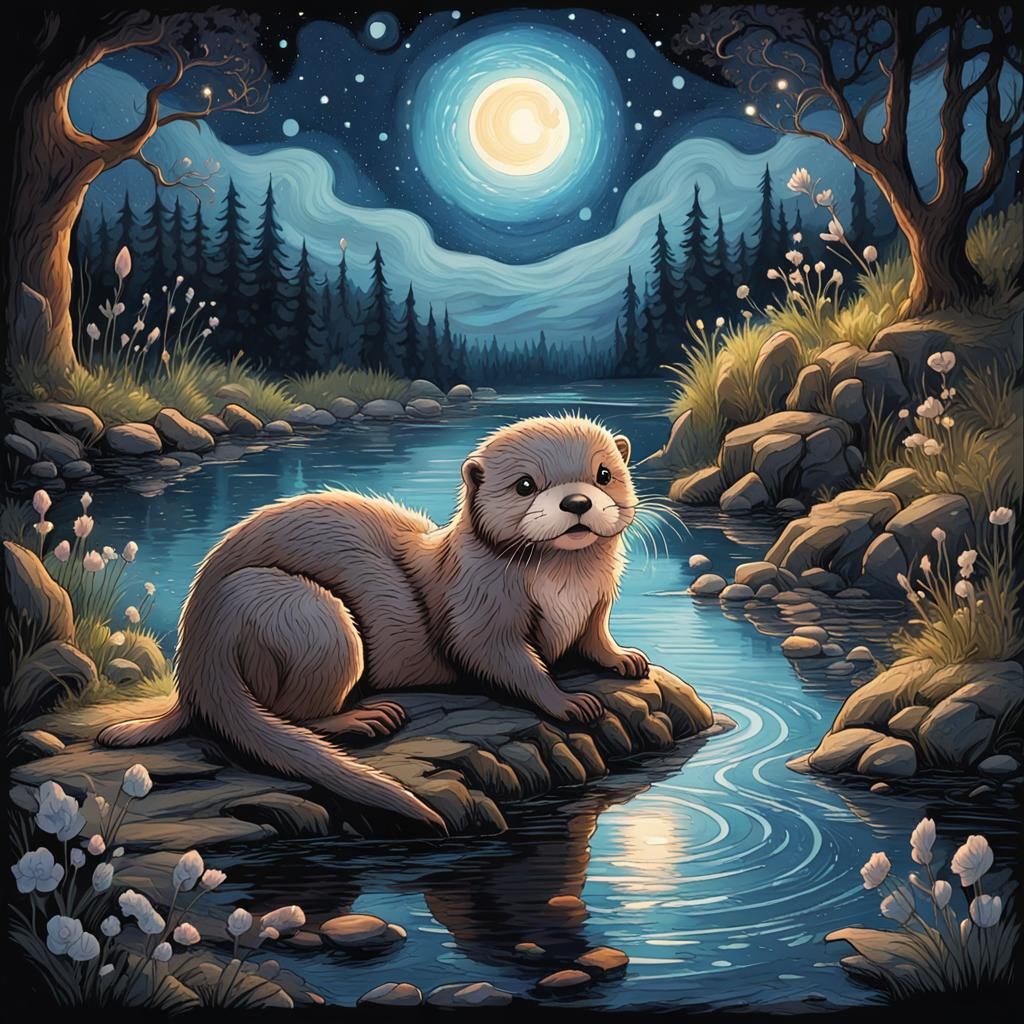 Bioluminescent Otter Under Starry Skies: Watercolor Painting