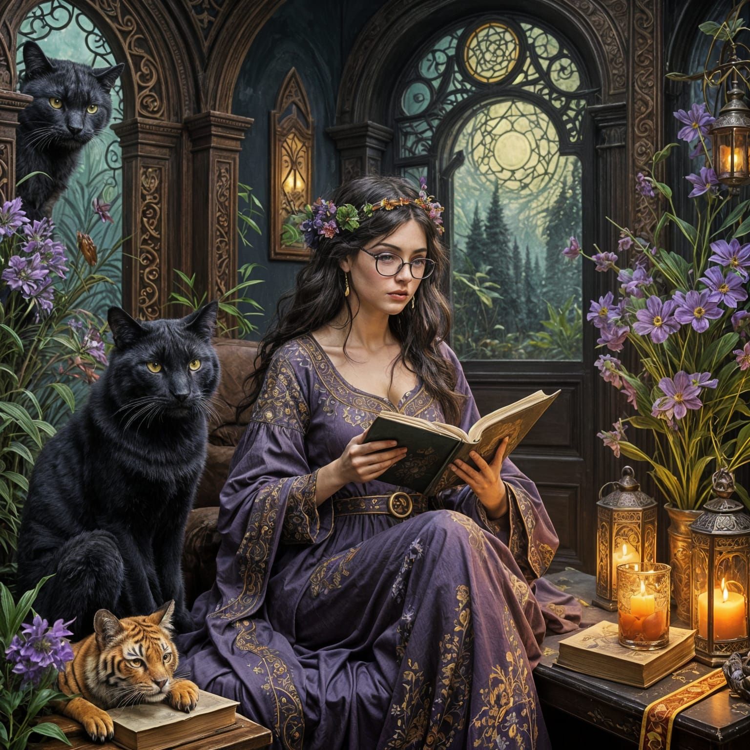 Woman with Dark Flowing Hair and Purple Glasses