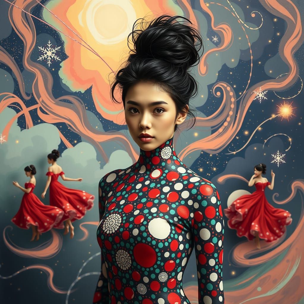 Surreal Goddess of Polka Dot Dreams in Cosmic Abstraction