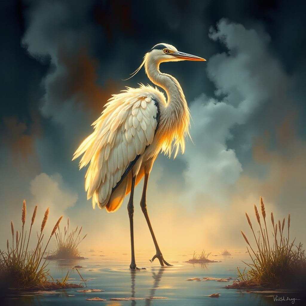 Luminous Heron in Misty Wetland, Fantasy Art
