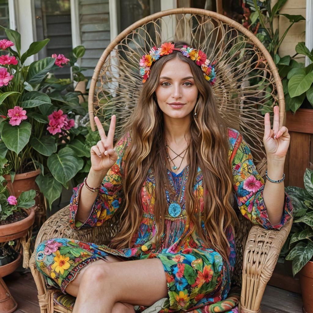 Whimsical Hippie Woman in Psychedelic Garden Art