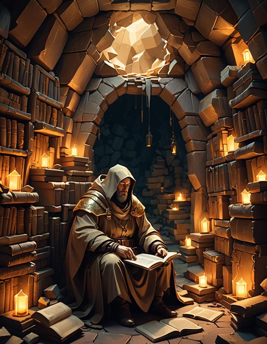 Tired Cleric Reading in a Cozy Cave: Low-Poly 3D Art