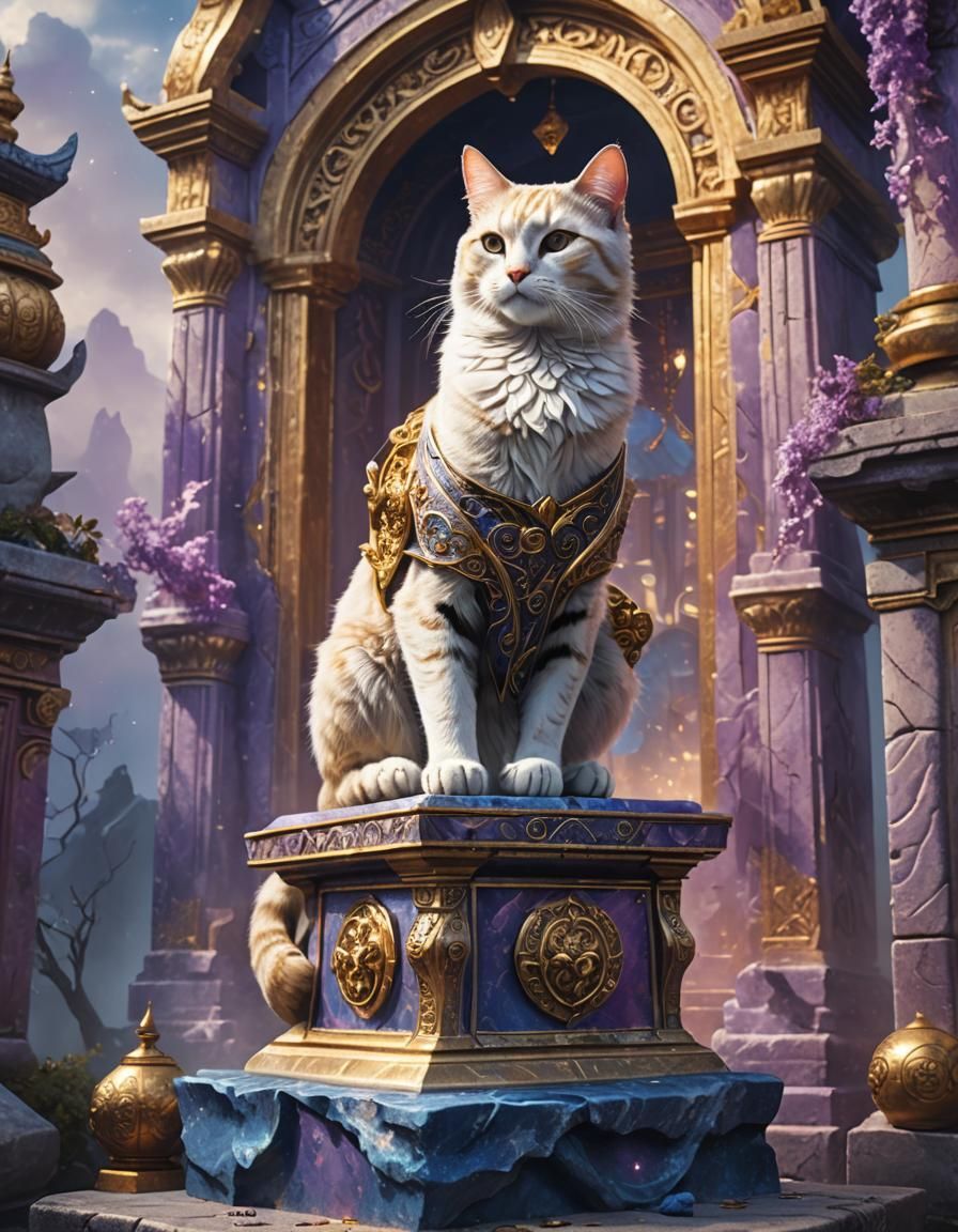 Fantasy Cat Statue on Shrine in Matte Painting Style
