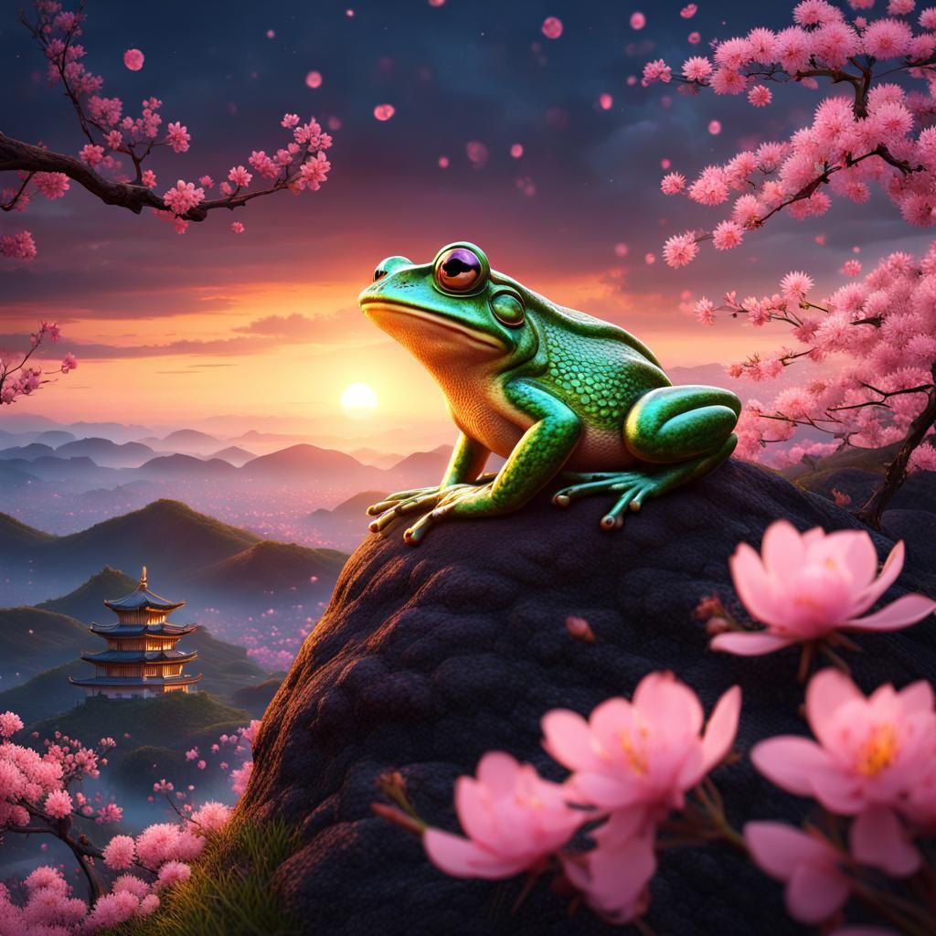 Frog and Sakura Tree in Mystical Chinese Landscape