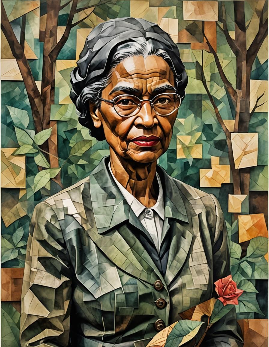 Rosa Parks Cubist Fresco in Watercolor Style