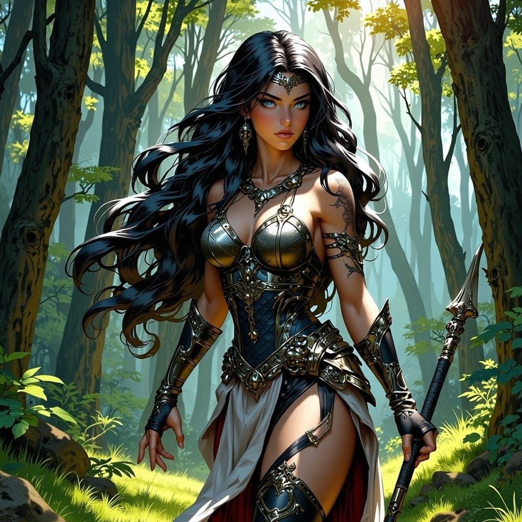 Amazon Warrior About to Strike a Lion