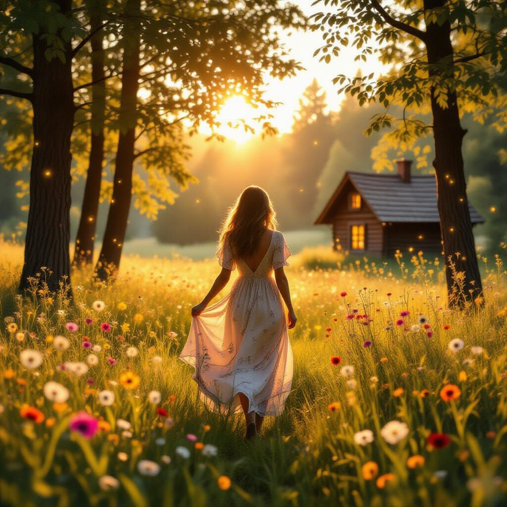 Woman in Sunlit Meadow at Golden Hour