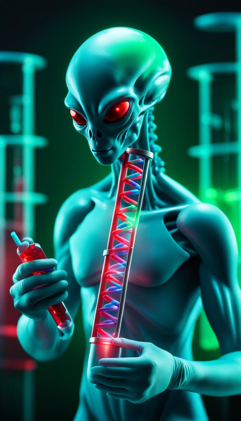 Alien Holds DNA Microtube in Laboratory